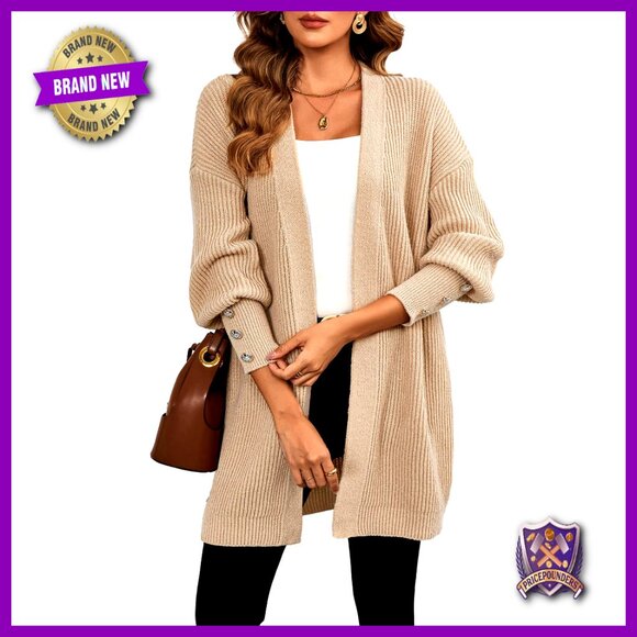 Chunky Knit Cardigan Oversized Boho Open Front Button Lantern Sleeves Cozy